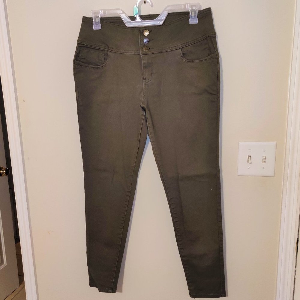 Olive high waist button fly skinny jeans